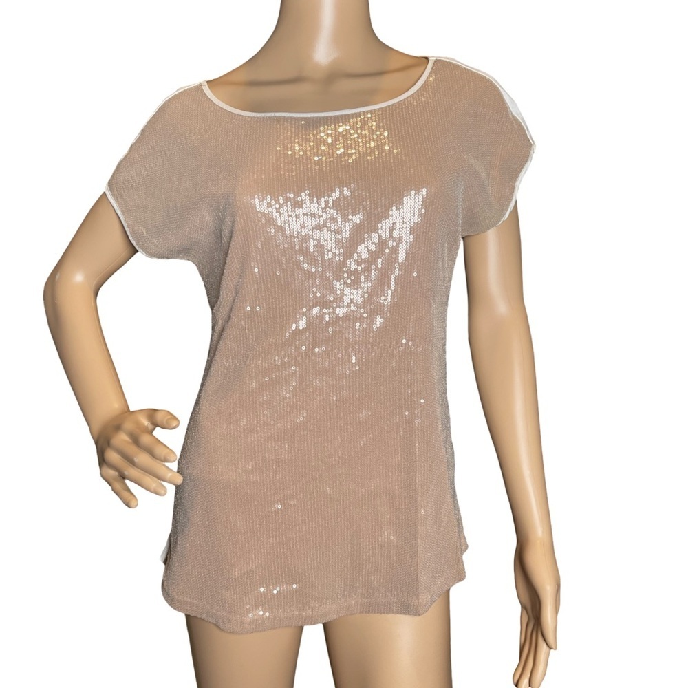 Calvin Klein Women's Size Small Tunic Beige Gold Sequin Cotton Blend Crew Neck